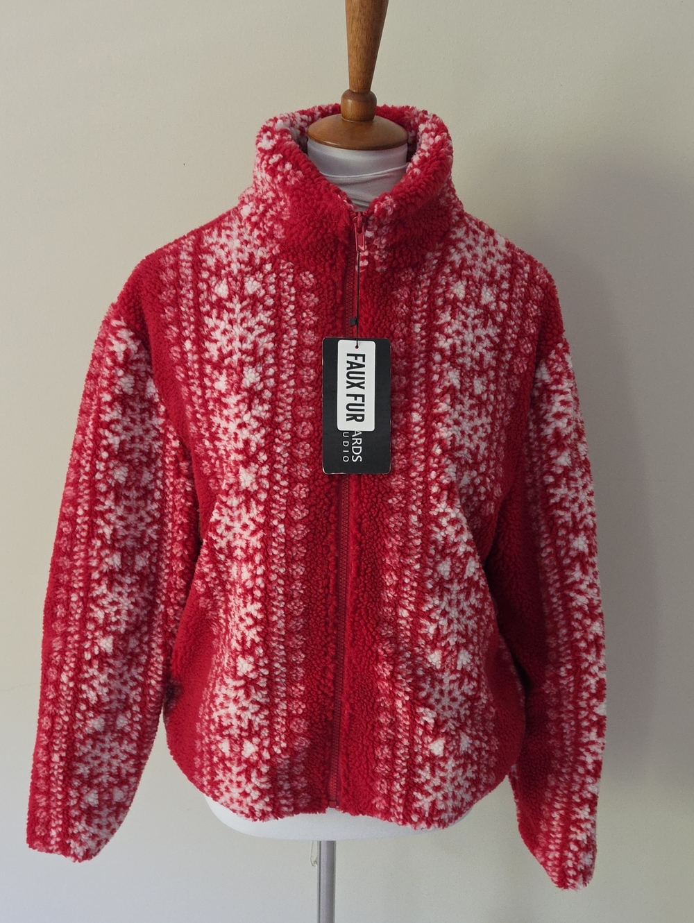 Mark Edwards Studio Red & White Faux Fur Snowflake Zip Jacket Brand New
